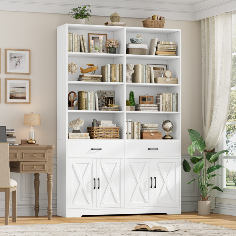 78.7" Tall Bookcase with 2 Drawers, X-Doors, White