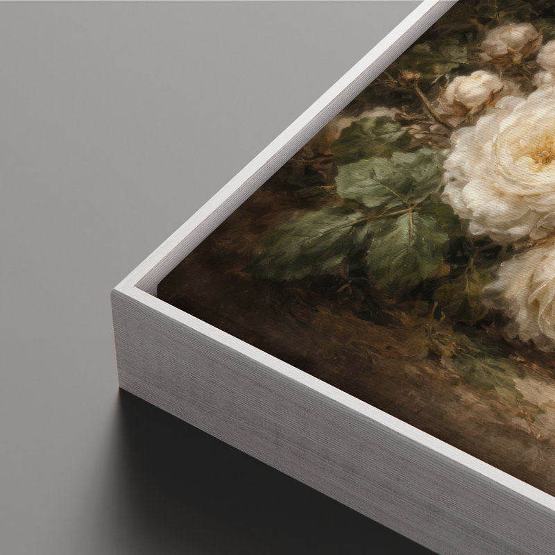 Art mural encadré sur toile - Nature morte à la rose blanche classique avec feuillage vert foncé - 16 po x 24 po, 24 po x 36 po
