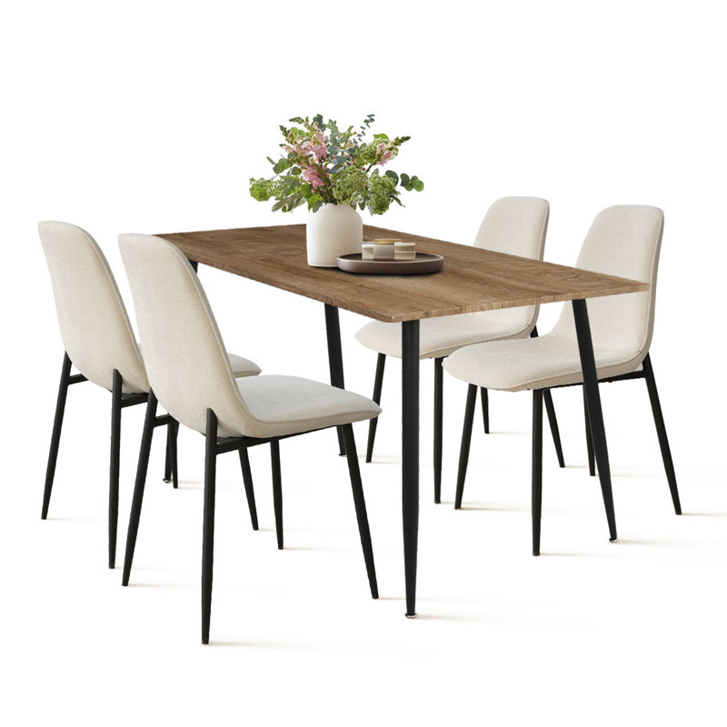 Izzat 4-Person Dining Set with 47" D Rectangular Table and Chenille Chairs, Beige