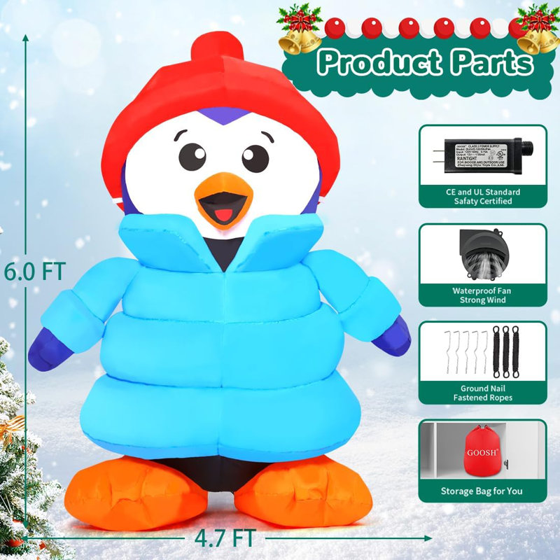 Christmas Inflatables 6 FT Tall Christmas Penguin Inflatables Wearing Clothes with Built-in LED Light
