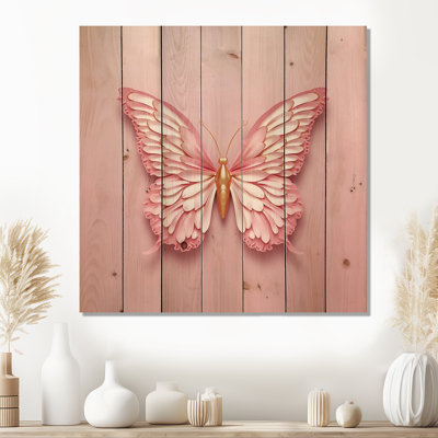 Papillon rose et doré III - reproduction d'animaux sur bois de pin naturel