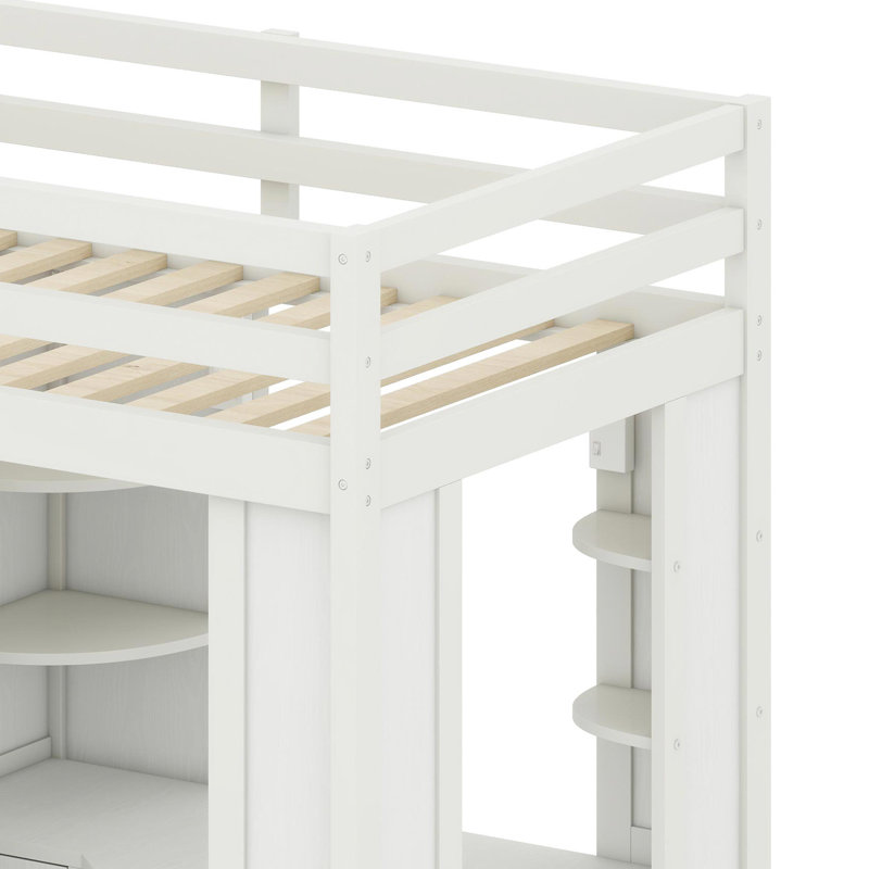 All-in-One High Loft Bed with Integrated Wardrobe, Built-in Desk, Pull-out Keyboard Tray, Charging Hub, and Dual Spotlights