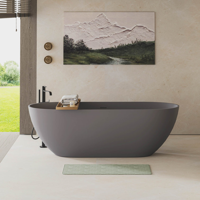 63" Freestanding Solid Surface Bathtub Stone Resin with Overflow and Pop-up Drain, 3 Colours Option