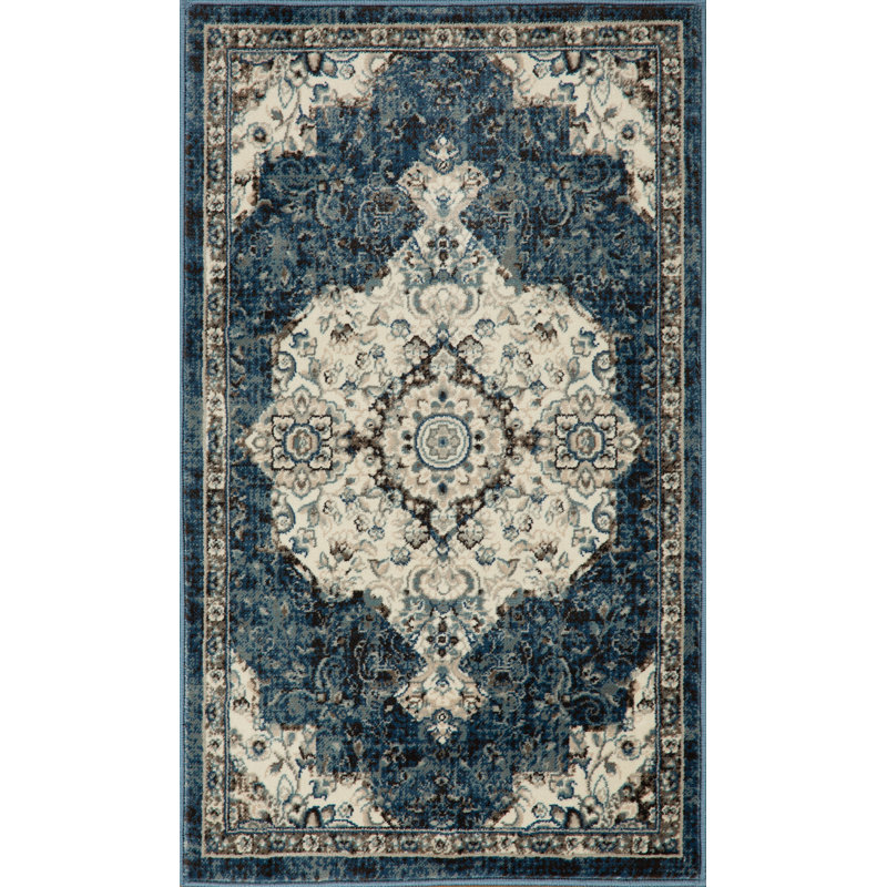 Tapis oriental transitionnel bleu / blanc / gris de la collection Ostergren, Rectangle 1 pi 9 po x 3 pi 2 po