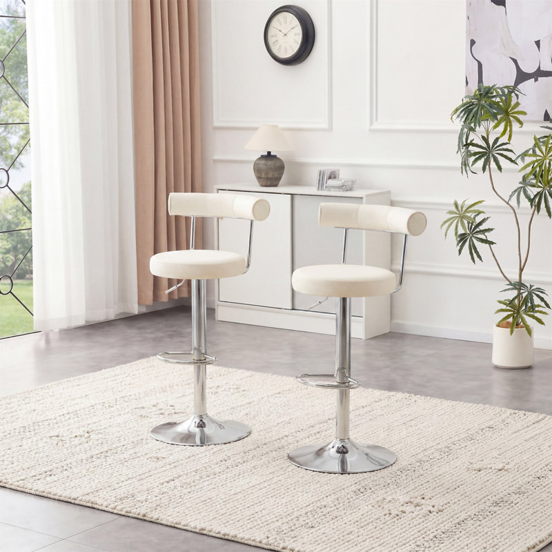 Ensemble de 2 chaises de bar réglables rembourrées en velours doux avec pieds chromés argentés, Off White/Silver