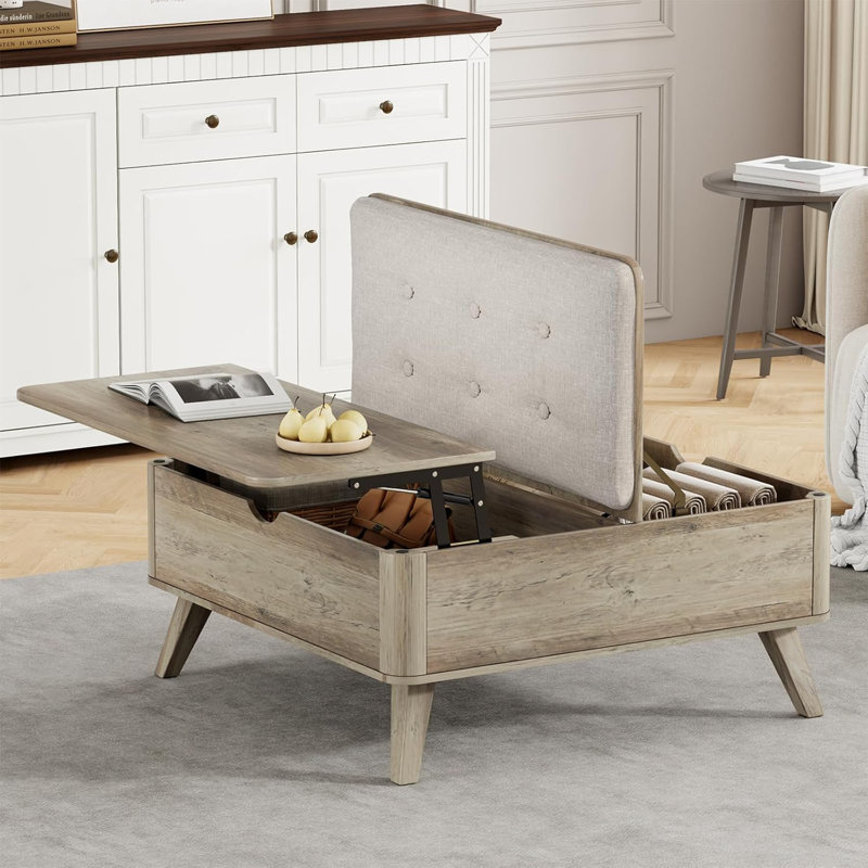 Table basse carrée en bois à plateau relevable avec rangement Table basse avec coussin épaissi, Gris