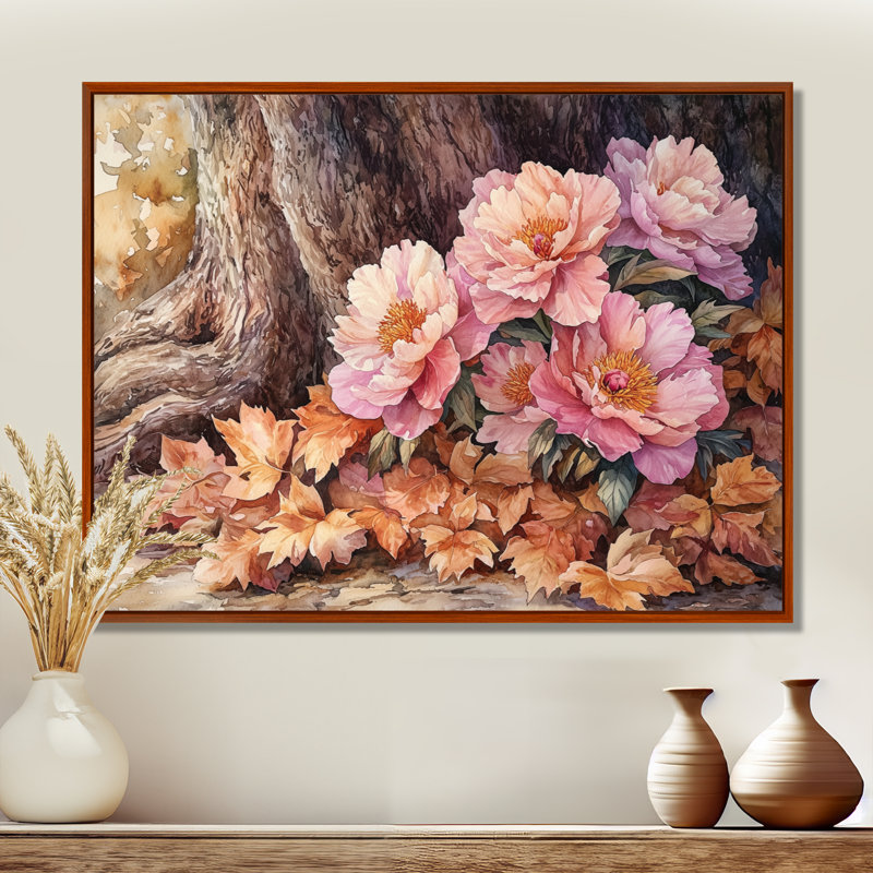 Imena, pivoines par le chêne, art mural, H 30 po x l 40 po, Brun, Impression encadrée flottante