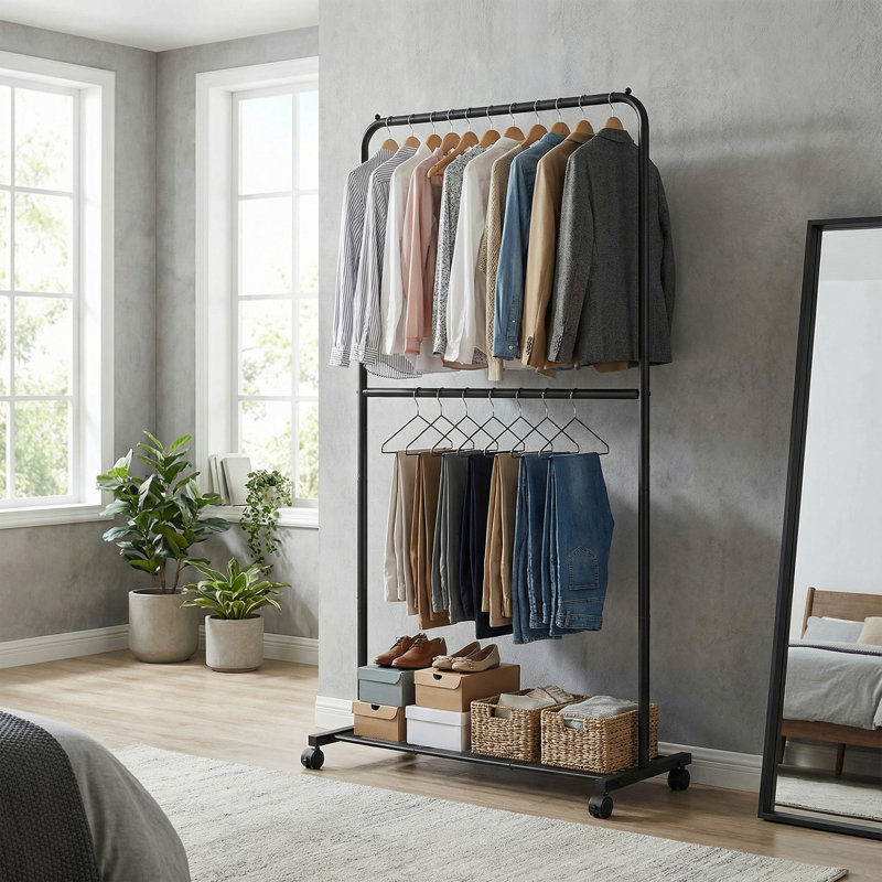 Portant à vêtements avec roulettes, support à vêtements à double tringle, support à vêtements avec tablette de rangement, 2 freins