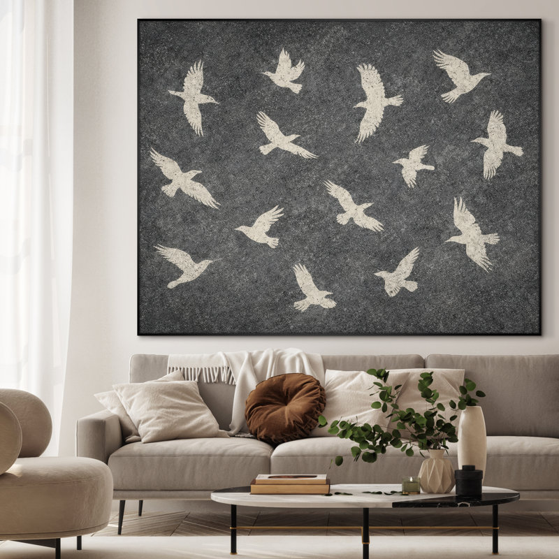 Très grande reproduction d'art sur tissu - Motif d'oiseaux volants gris - Décoration de salon côtière - "Assemblage requis (cadre non fini)"