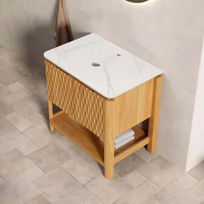 Sharma 30'' Freestanding Cabinet With 2 Doors&open Shelf, Carrara White Sintered Stone Top, No Basin, No Faucet And Drain, Woodgrain Color