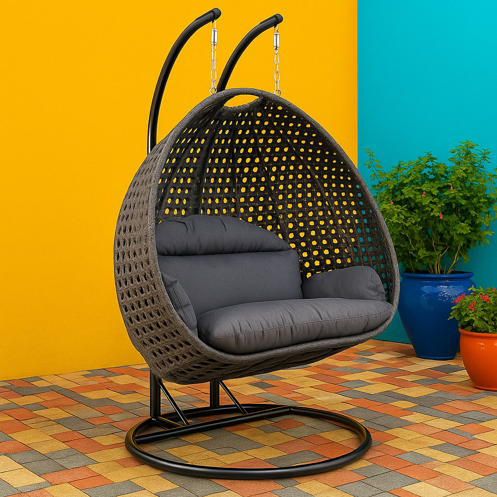 Double Egg Chair Swing Rattan Wicker 2-Seater Porch Swing with Stand and Cover for Outdoor & Indoor LeisureMod Cushion 