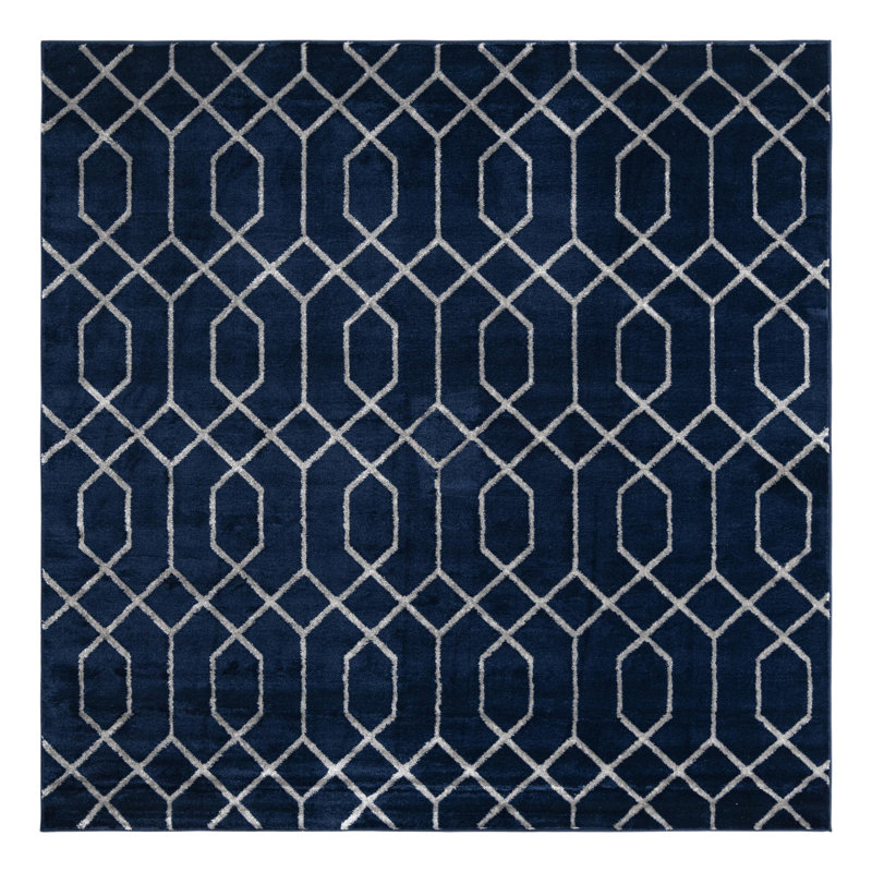 Glam Navy Blue Silver Area Rug, Square 7'10"