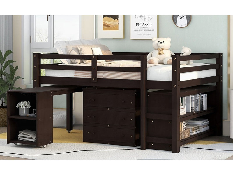 Structure de lit double avec armoire, tablettes et amp; Bureau roulant - Aucun sommier requis, soutien solide, Espresso
