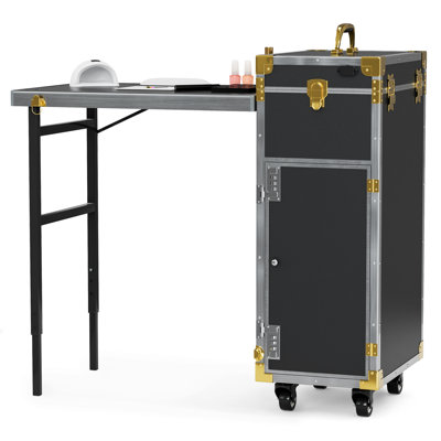 Manicure Trolley with Table, Black Foldable Traveling Nail Desk w/Storage, Worktable and Mirror