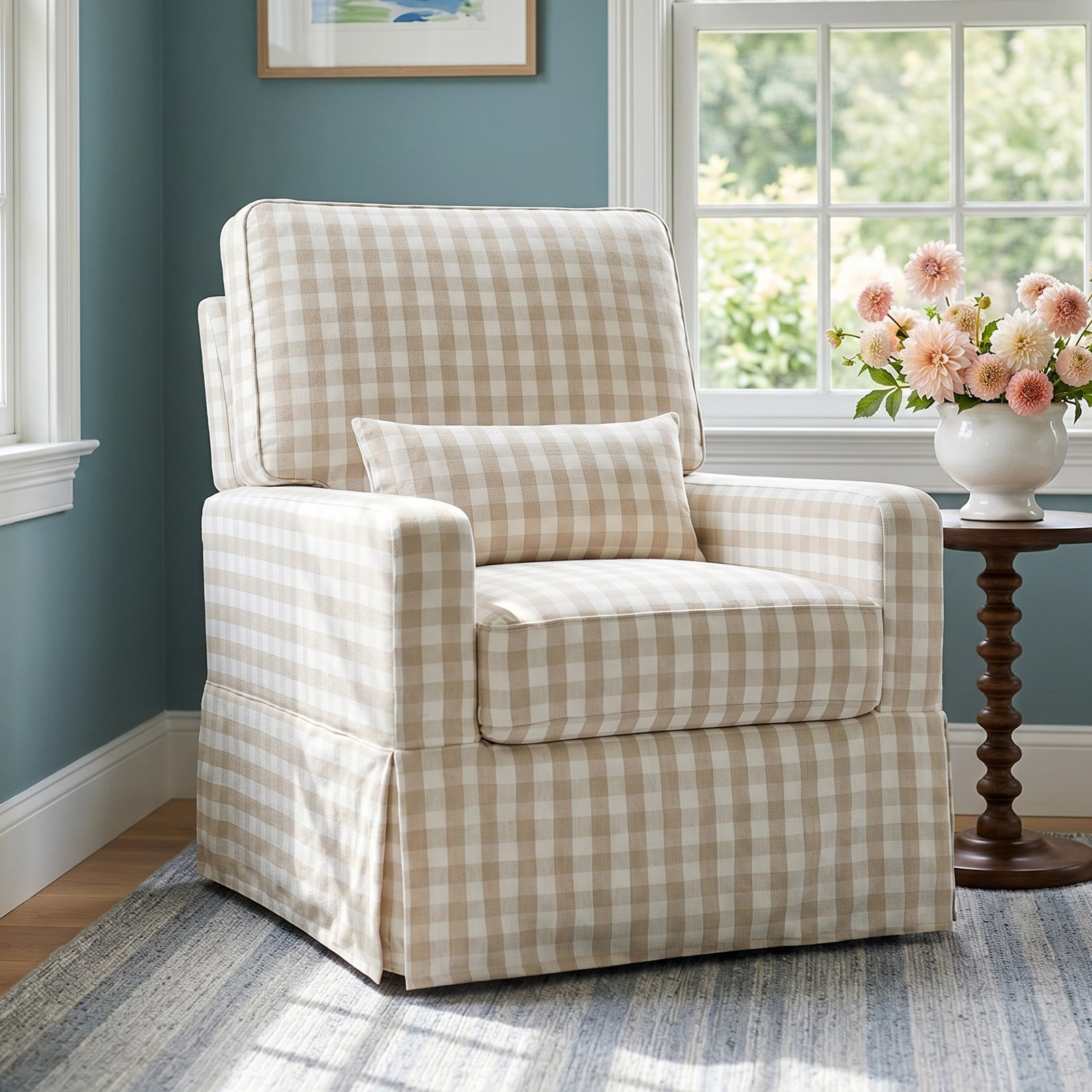 Crawford Upholstered Swivel Glider, Tan Gingham Livesmart®