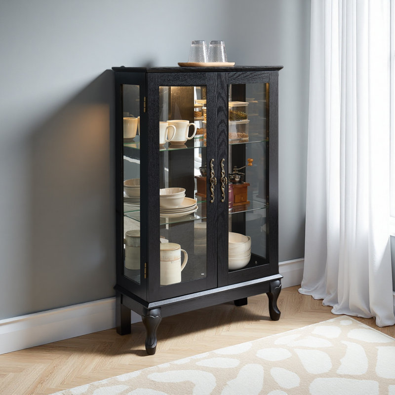 Vitrine avec portes en verre trempé, vitrine éclairée avec panneau arrière en miroir et tablettes réglables parfaites pour la maison ou le bureau (ampoule incluse)