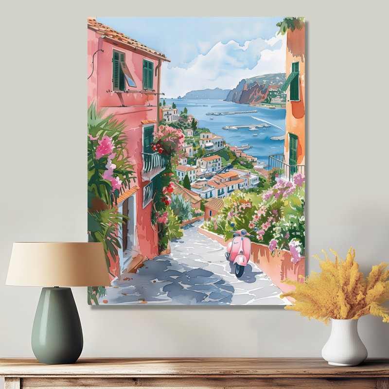 «Pink Coastal Village Italy II», art mural Italie, Toile tendue, H 12 po x l 20 po