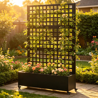 Metal Raised Garden Bed With Wheels And Trellis,73"x47"x16" Planter Box For Climbing Plants, Vegetables & Vines, Features Privacy Screen And Drainage Holes