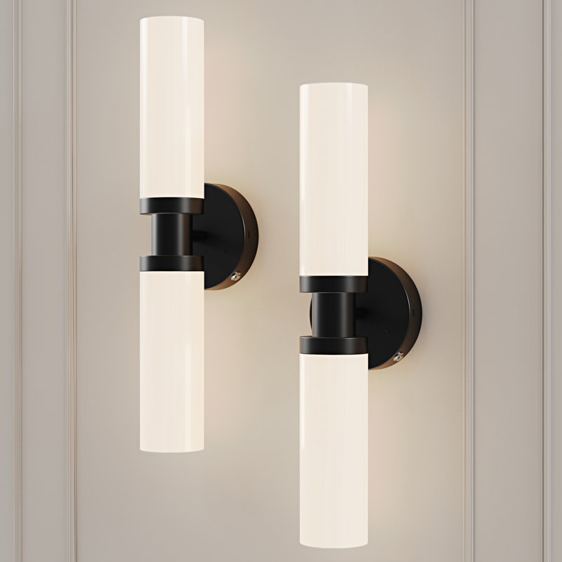 Set of 2 16.5" Rechargeable Cordless Frosted Wall Sconces with Remote Control and Included Bulbs, Matte Black