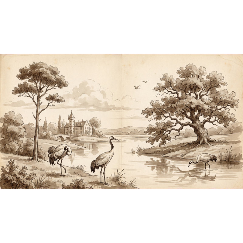 Papier peint sépia, paysage rétro, toile de rivière amovible, décoration murale, 100 po x 96 po, Non tissé