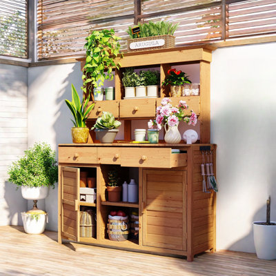 Potting Bench Table with 3 Shelves,6 Drawers