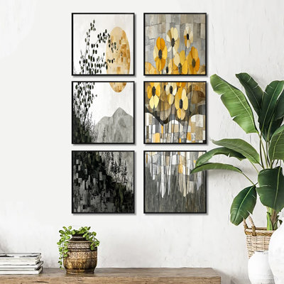Summer Mosaic Flower On Grey Desert Blossom - Abstract Canvas Art Print Set Of 6