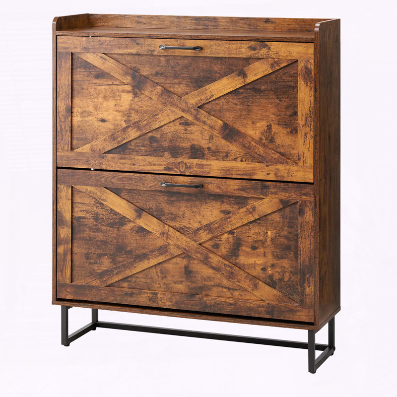 Armoire à chaussures Farmhouse avec 2 tiroirs rabattables et tablettes réglables, brun