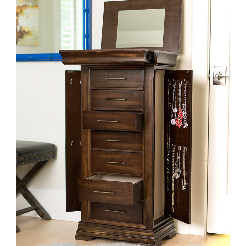 Armoire à bijoux autoportante en bois avec miroir Gerardo, Noyer foncé