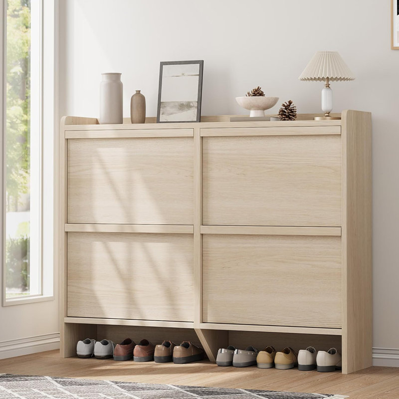 Shoe Cabinet With 4 Flip Drawers, Wooden Shoe Organizer Cabinet With Adjustable Shelf, Shoe Storage For Entryway, Hidden Shoe Cabinet For Hallway, Living Room, Natural Oak