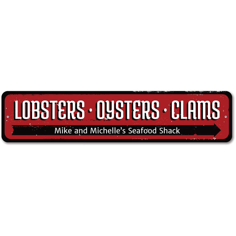 Plaque en aluminium «Lobsters Oysters Clams», H 4 po x l 18 po x P 0,04 po