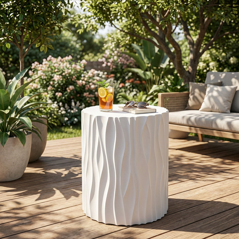 Table d'appoint d'extérieur moderne avec un design sculpté ondulé et cannelé, fabrication durable toutes saisons