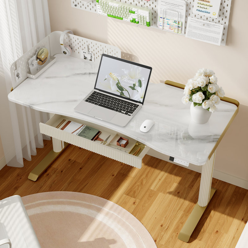 Electric Adjustable Height Standing Desk with Drawers and Memory Controller, Computer Home Office Desk, White