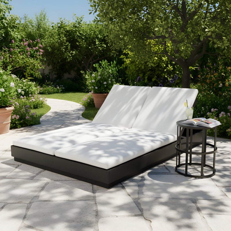 Bristol Patio 2-Piece Acacia Wood Double Chaise Lounge With Ceramic Tile Side Table Set