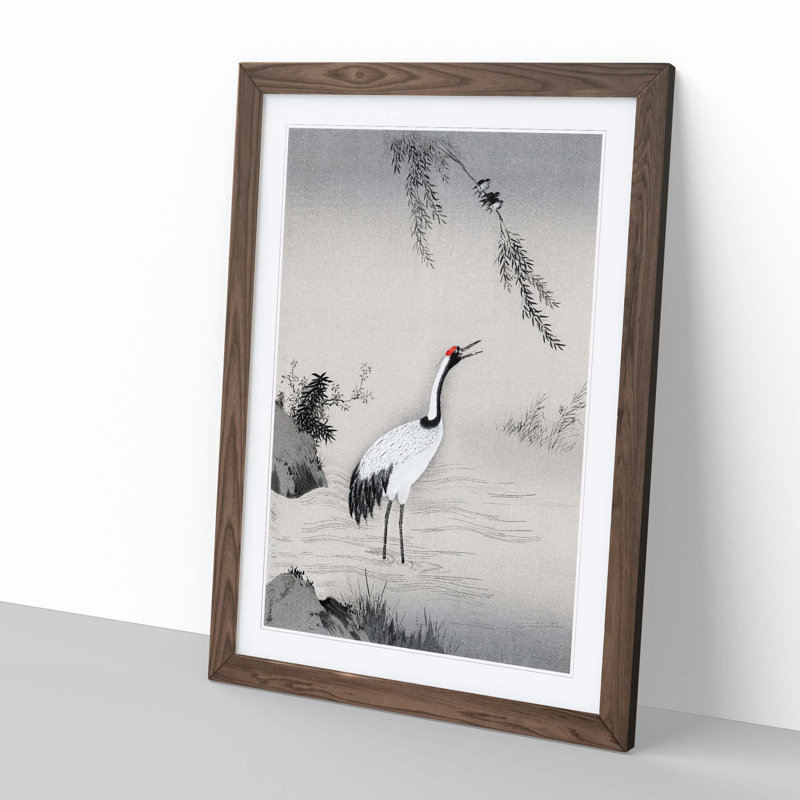 Japanese Crane by Kano Motonobu - Picture Frame Painting Print, 87cm H x 62cm W x 2cm D, Walnut Framed