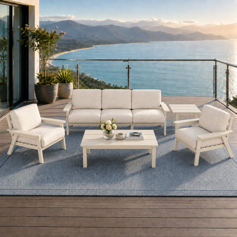 Ensemble de conversation de patio en PEHD pour 5 personnes avec coussins, ensemble de canapé de patio toutes saisons, ensemble de conversation extérieur