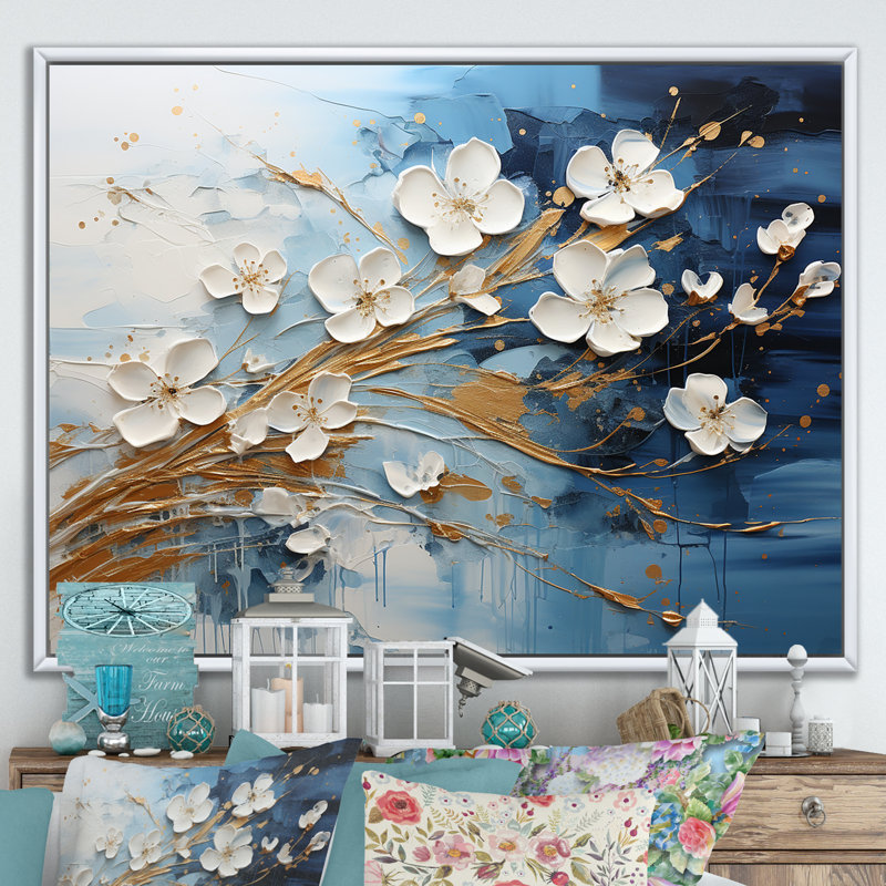 Encre liquide blanche et bleue I - Fleurs, art mural, Cadre flottant blanc, H 12 po x l 20 po x P 1 po