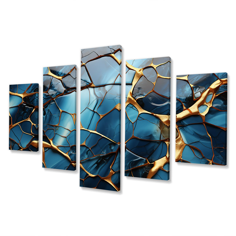 Or et mosaïque de marbre doré agate I - art mural abstrait multipanel pour le salon