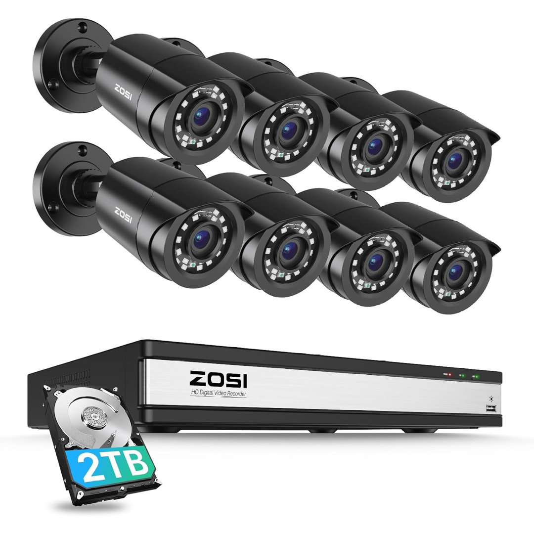 16CH 1080P DVR security camera system with 2TB HDD, 8pcs Wired Outdoor Security Cameras, 80ft night vision, Remove View ZOSI Fixture