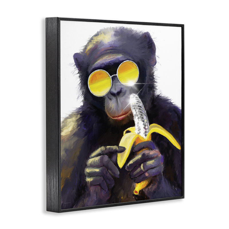 Cool singe avec disco banane, estampe numérique, design par Kamdon Kreations, Giclée encadrée noir minuit, H 14 po x l 11 po