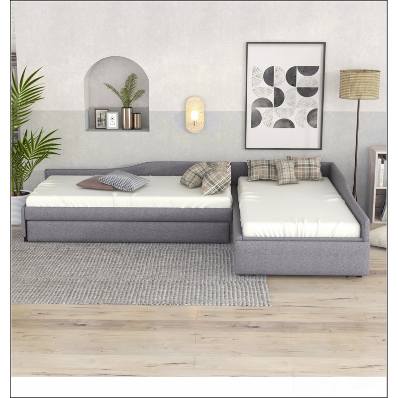Upholstered Double Daybed With Trundle And Drawer, Grey