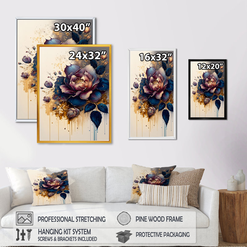 «Night Shade Rose Design II», reproduction sur toile, H 32 po x l 16 po x P 1 po, Cadre flottant doré