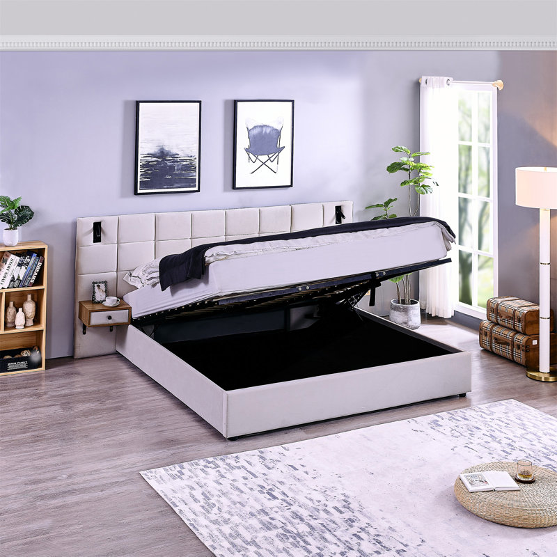 Très grand lit hydraulique avec rangement, tablettes, lampes de lecture et port USB, Beige