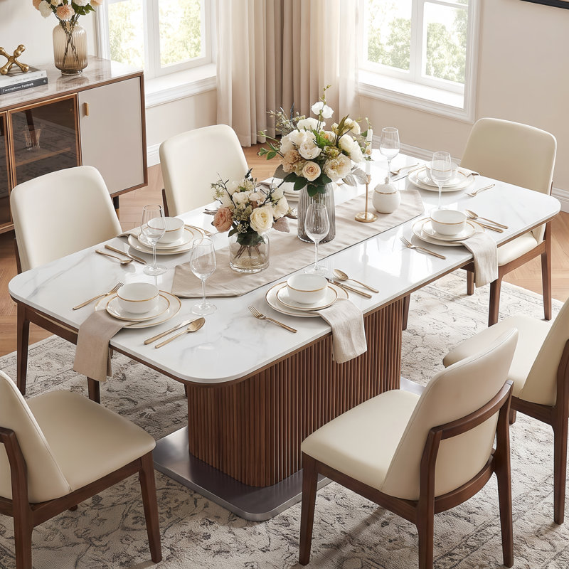 Modern 62.99" Rectangular Sintered Stone Dining Table with Solid Wood Fluted Base, Seats 4-6 People for Kitchen and Dining Room