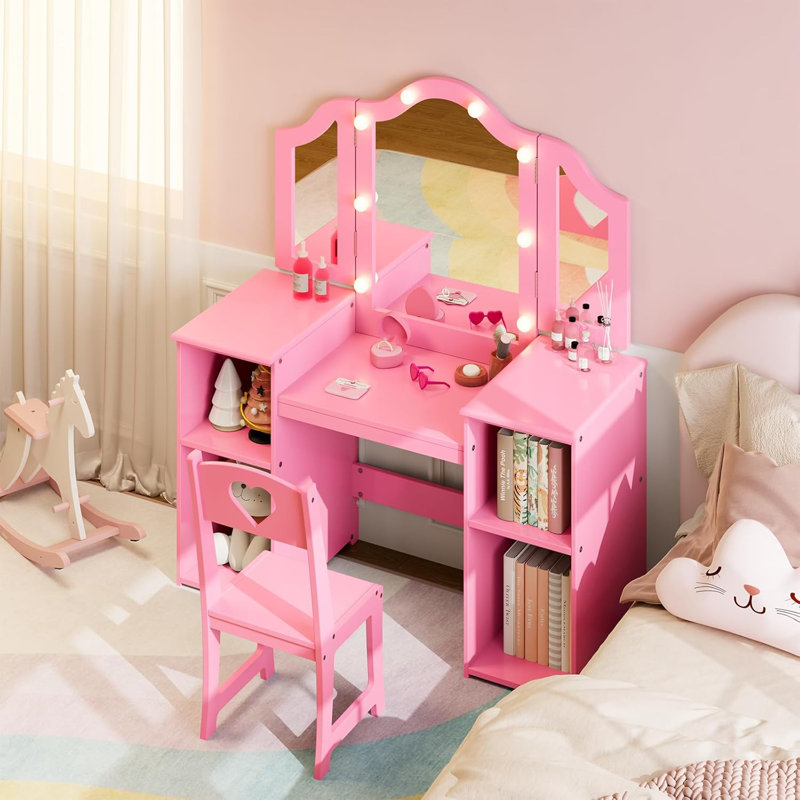 Kids Vanity Set with Lights - 2-in-1 Wooden Toddler Table & Chair with Tri-Fold Mirror & Touch LED, Princess Dresser with Storage for Girls, Pink