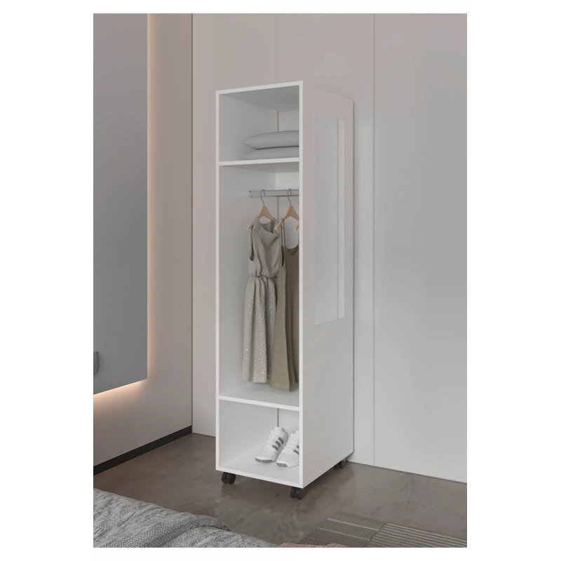 Black 3-Shelf Wardrobe With Mirror And Open Storage, White