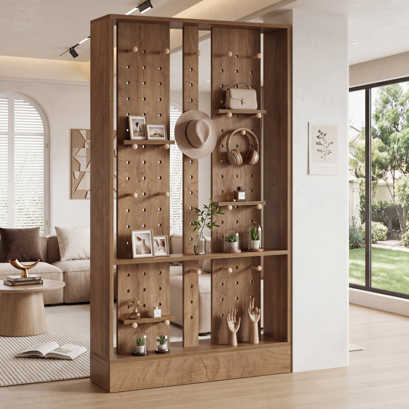 Paravent en bois avec panneau perforé, écran d'intimité autoportant de 69,7 po avec planches amovibles et bâtons de 25 pièces, cloison pour la maison et le bureau