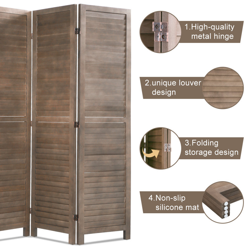 Paravent 4 panneaux en bois pour cloison d'intimité, Brun, 4