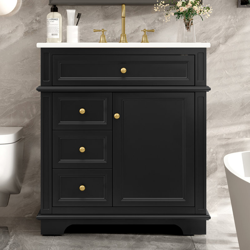 30" Solid Wood Frame Bathroom Vanity With Sink, One Tip-Out Drawer, 3 Drawers And Door Shelf