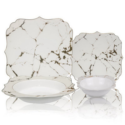 Gamon Cream Marble Bone China 24 Pc Dinnerware Set, Service for 6