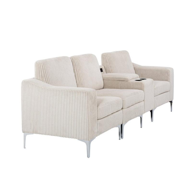 Canapé modulaire convertible en velours côtelé avec porte-gobelets, USB, trois places, Beige